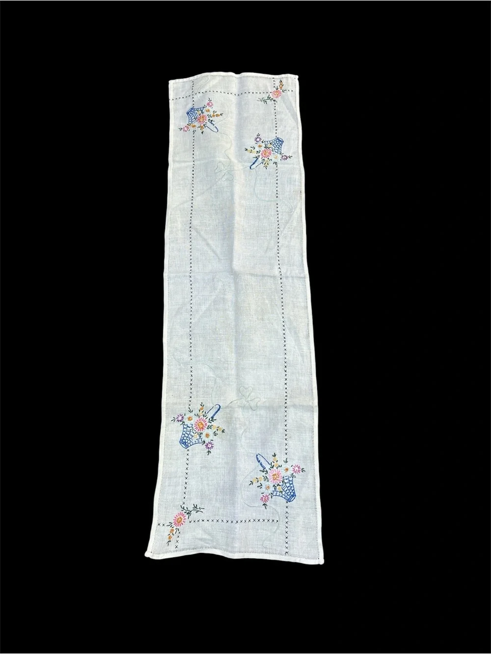 Vintage Hand-embroidered Runner Basket Floral Cross Stitch 40
